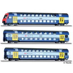 Reisezugwagenset der SBB, bestehend aus einem Doppelstock-Steuerwagen Bt, einem 1./2. Klasse-Wagen AB und einen 2. Klasse-Wagen B, Ep. V